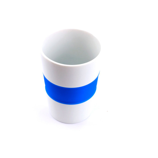 Стакан NELO, белый с синим, 350мл, 11,2х8см, тонкая керамика, силикон
